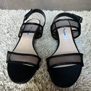 Nina black satin heels with sheer straps - size 6